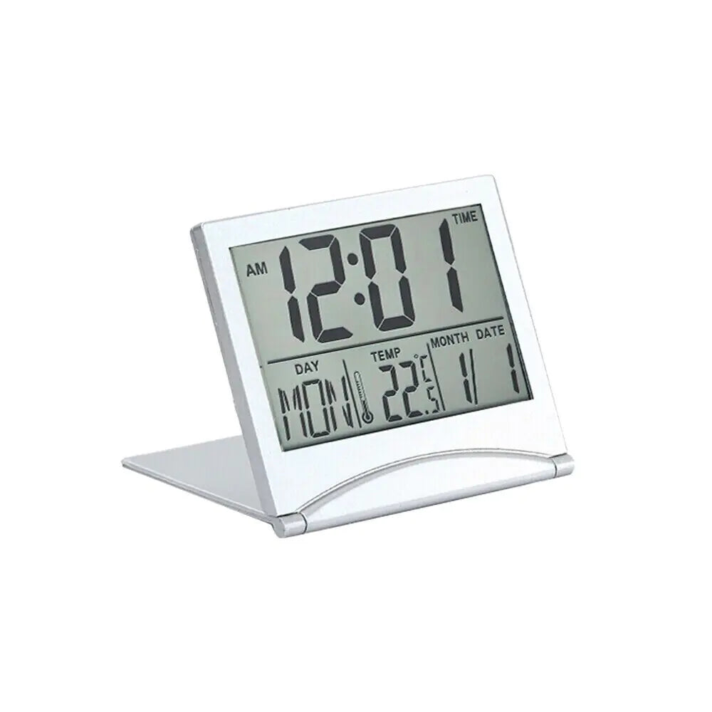 Reloj despertador digital de viaje, plegable, con pantalla LCD y temperatura
