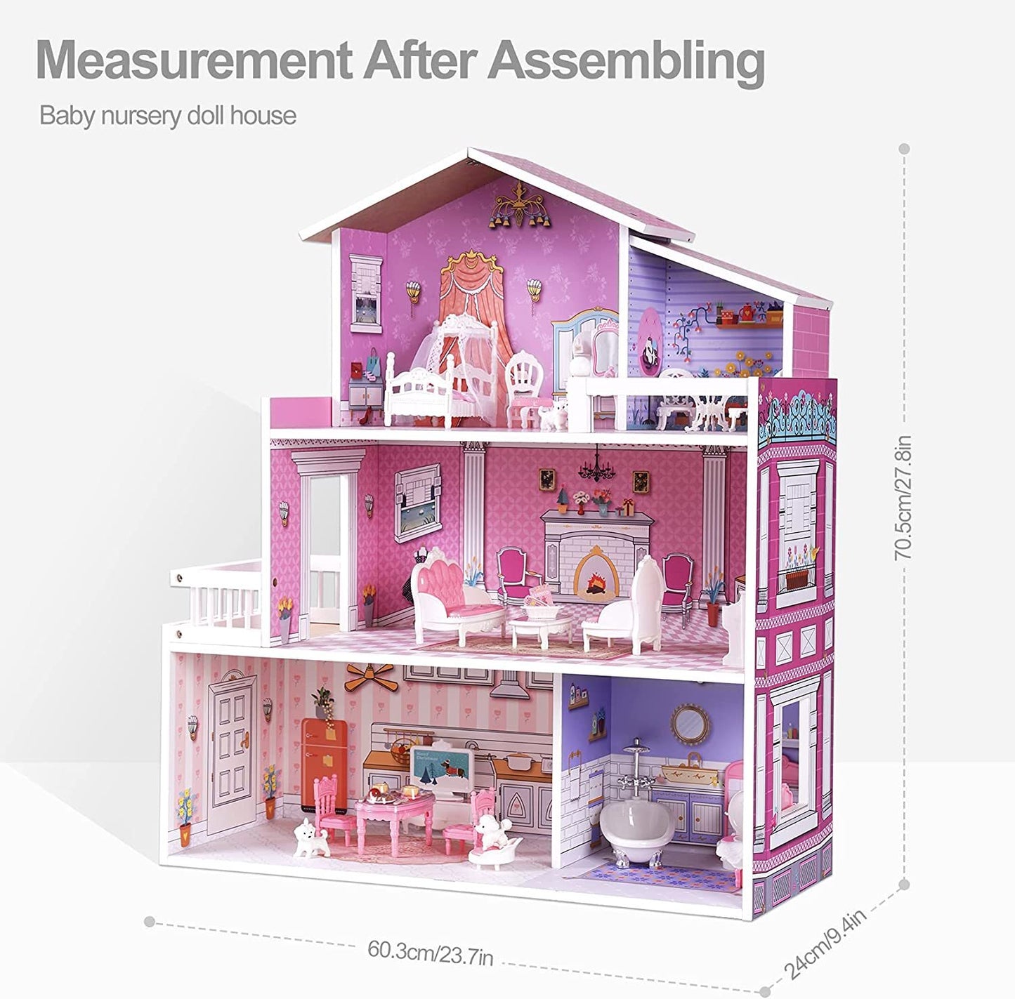 ROBOTIME 3 Levels Wooden Dollhouse Furniture Dreamhouse Girls Mansion Gift