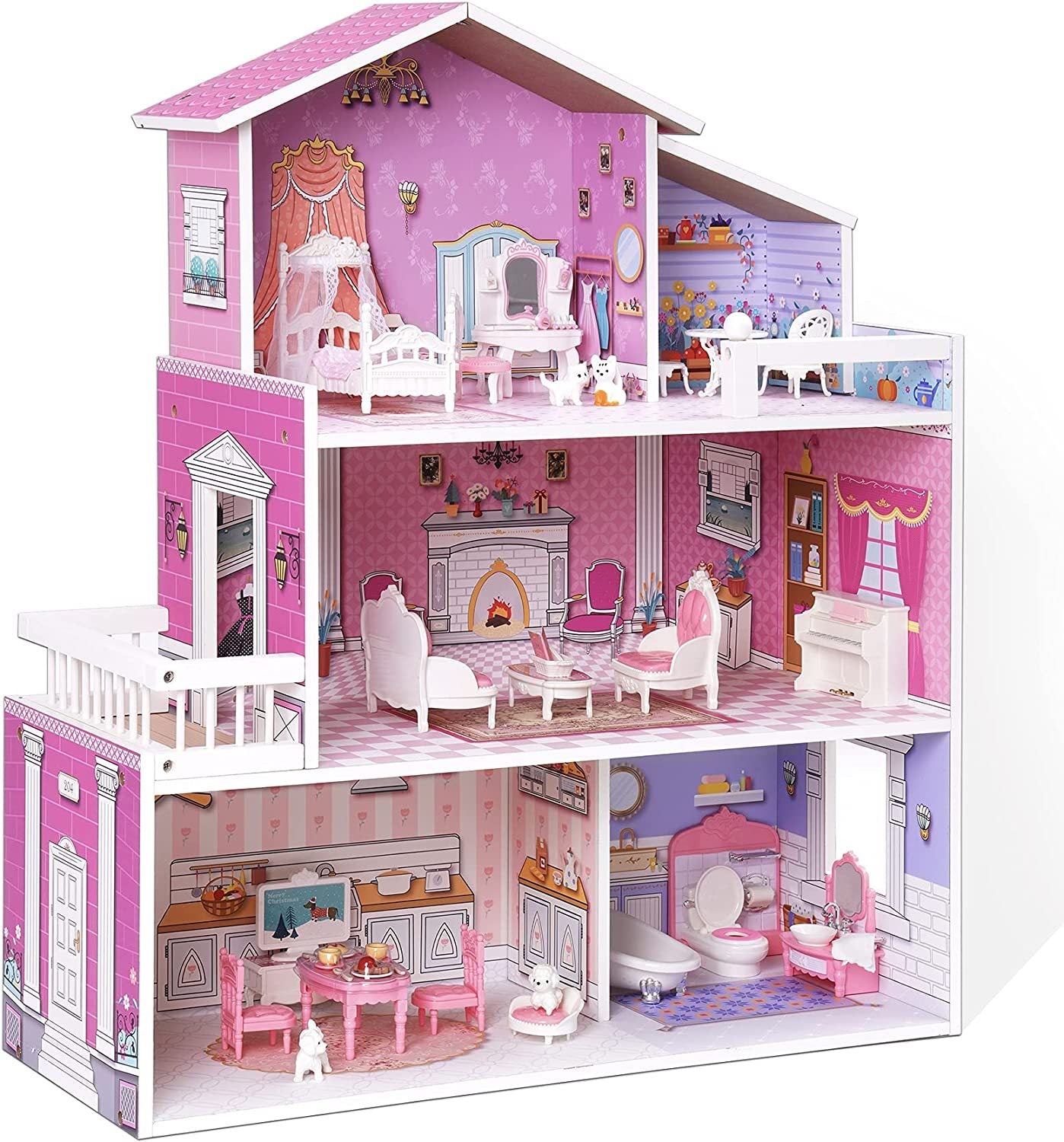 ROBOTIME 3 Levels Wooden Dollhouse Furniture Dreamhouse Girls Mansion Gift
