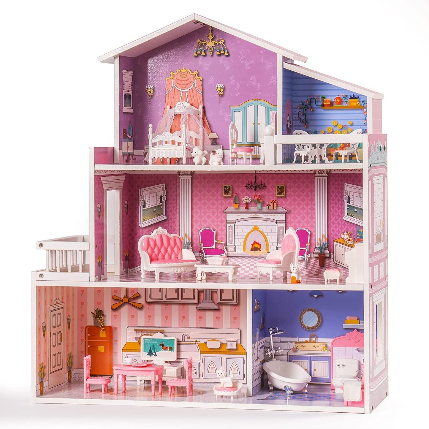 ROBOTIME 3 Levels Wooden Dollhouse Furniture Dreamhouse Girls Mansion Gift