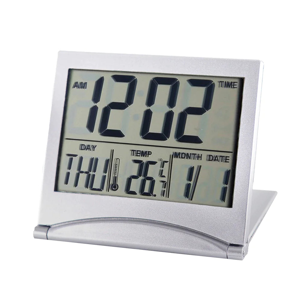 Reloj despertador digital de viaje, plegable, con pantalla LCD y temperatura