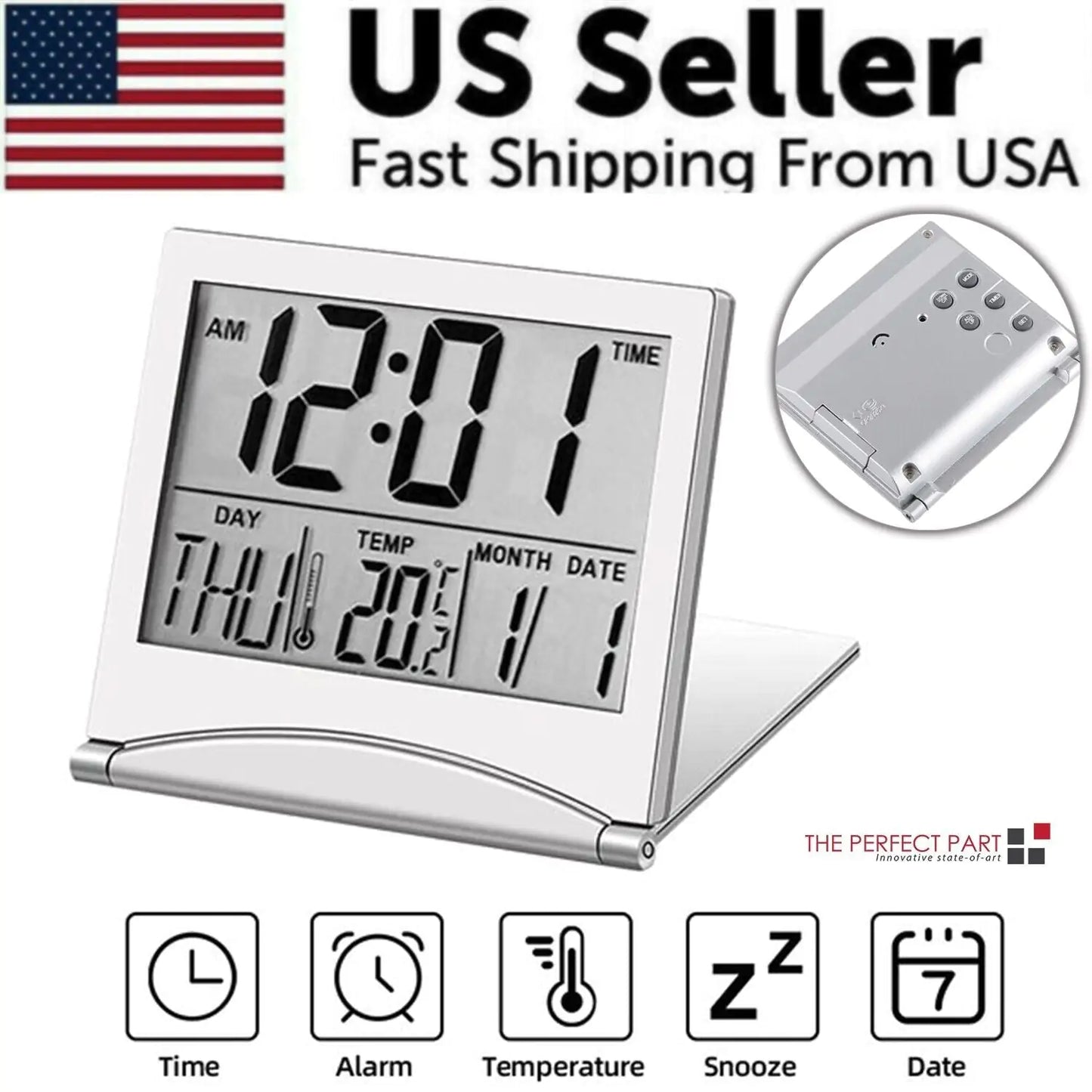 Reloj despertador digital de viaje, plegable, con pantalla LCD y temperatura