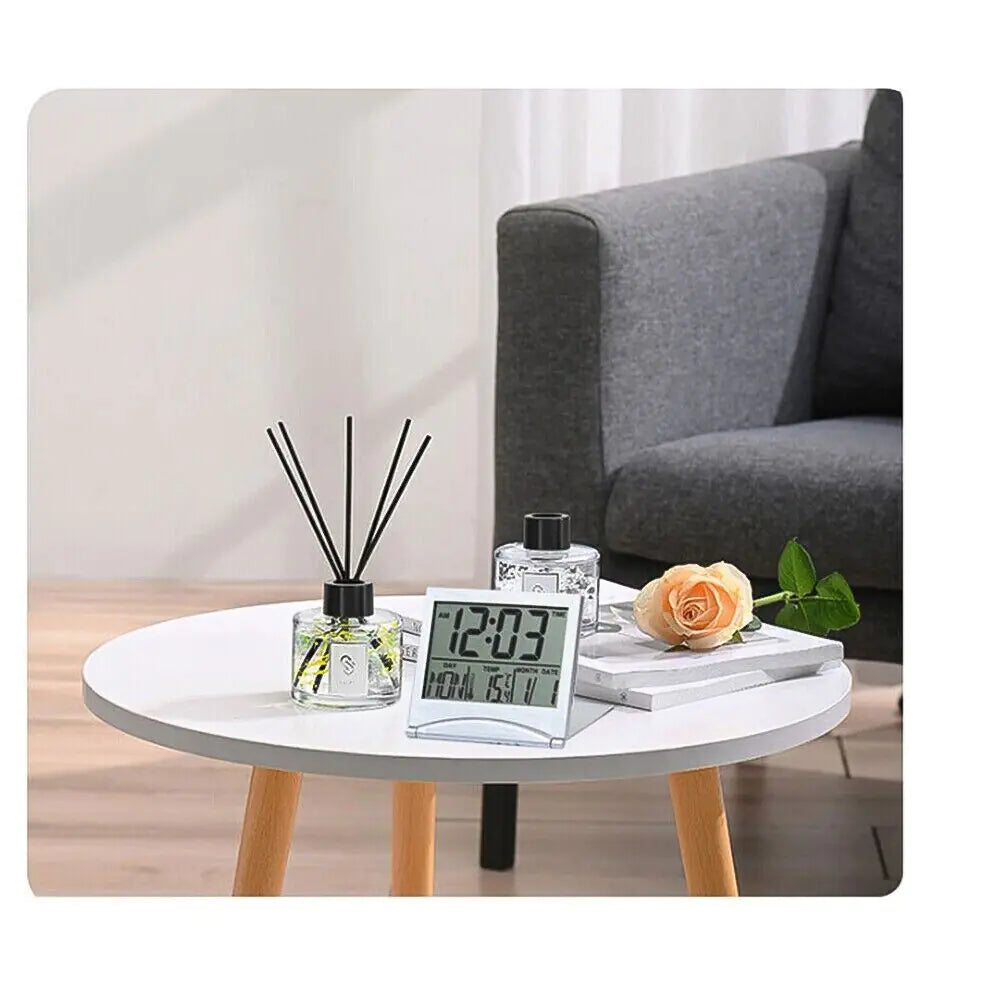 Reloj despertador digital de viaje, plegable, con pantalla LCD y temperatura