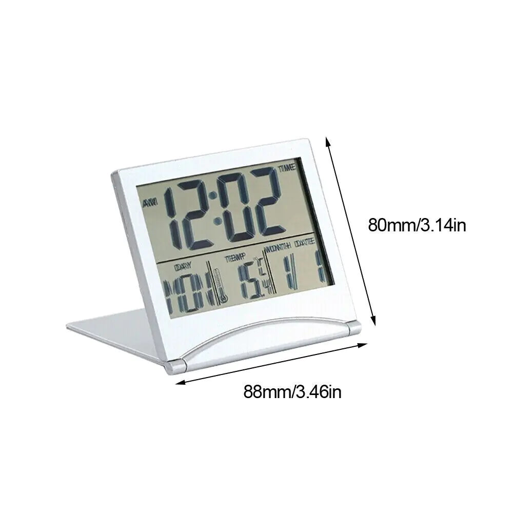Reloj despertador digital de viaje, plegable, con pantalla LCD y temperatura