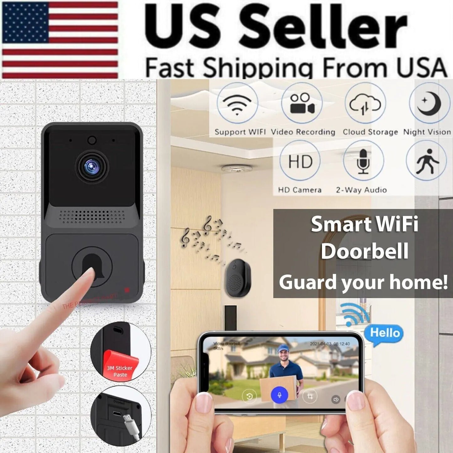 Timbre inalámbrico inteligente con intercomunicador y cámara de vídeo WiFi