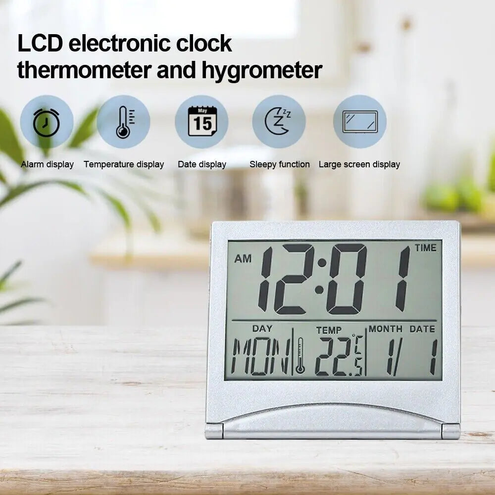 Reloj despertador digital de viaje, plegable, con pantalla LCD y temperatura