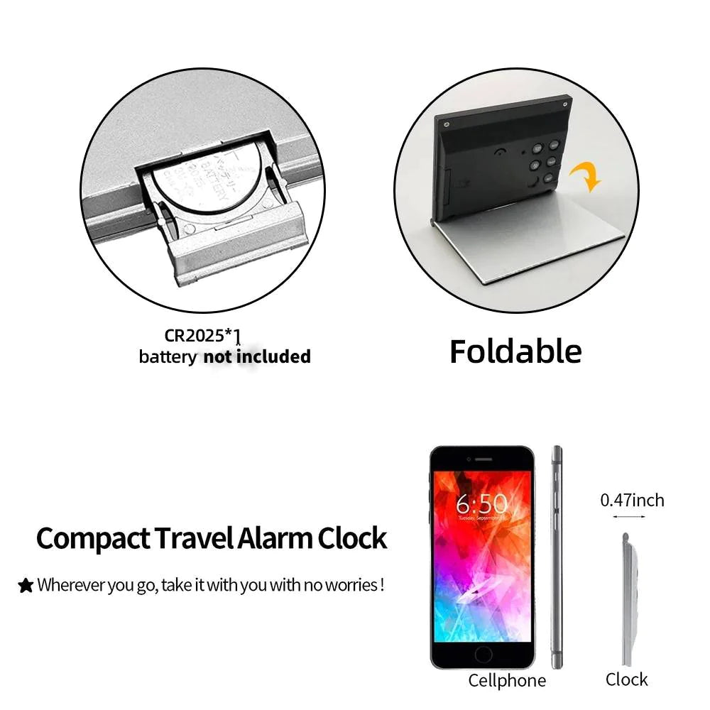 Reloj despertador digital de viaje, plegable, con pantalla LCD y temperatura
