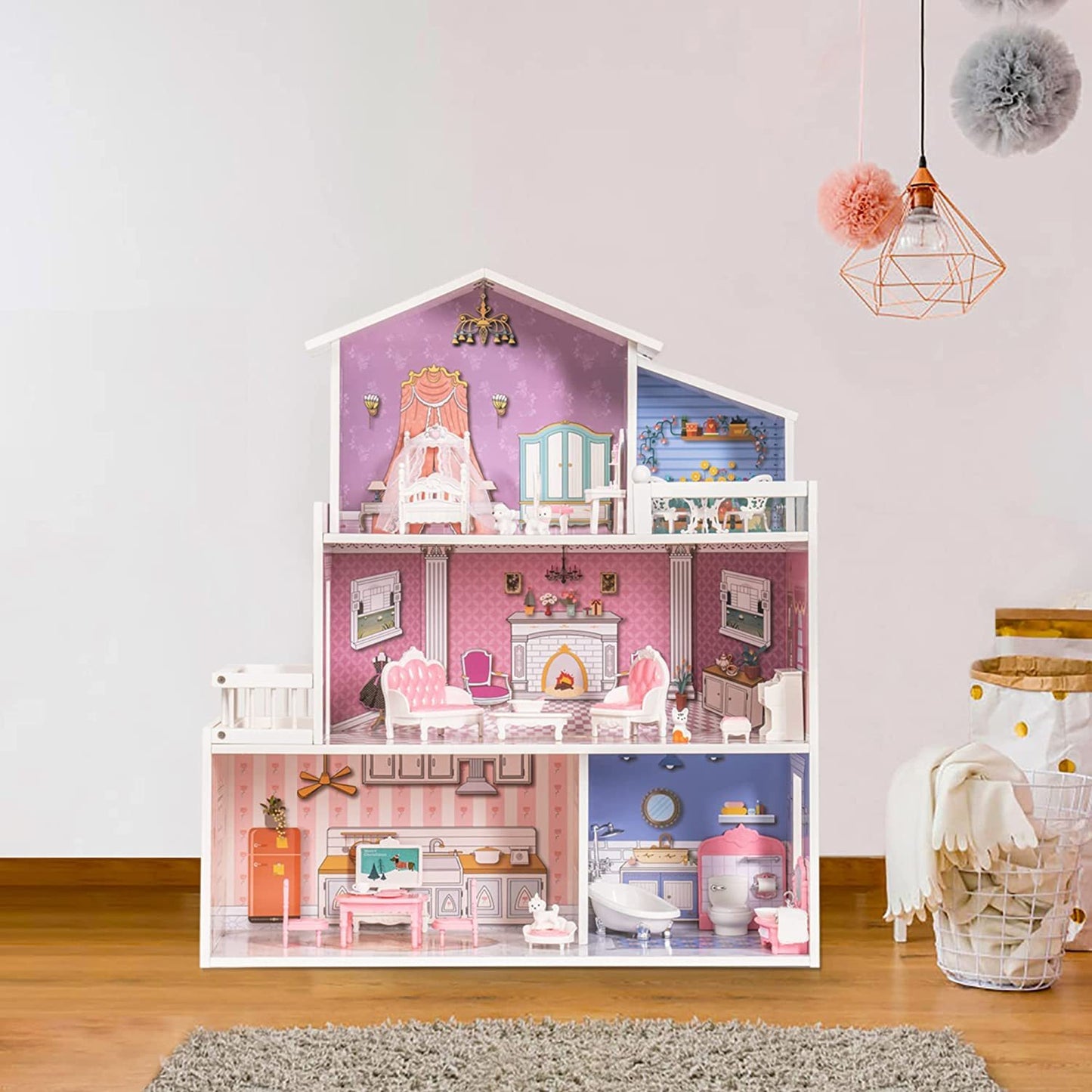 ROBOTIME 3 Levels Wooden Dollhouse Furniture Dreamhouse Girls Mansion Gift