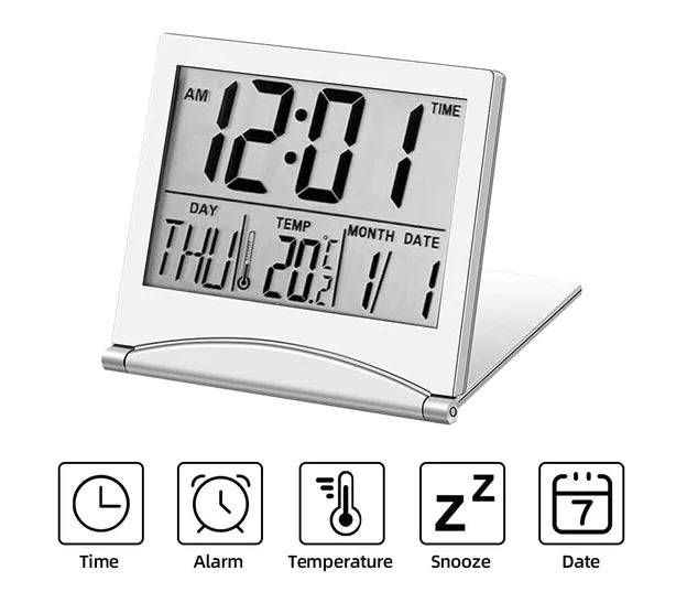 Reloj despertador digital de viaje, plegable, con pantalla LCD y temperatura