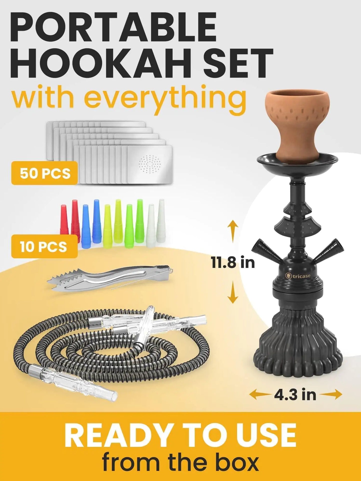 Hookah Set 2 Hose Black 12 inch Hookah 50 Foil Bowl 10 Tips 2 Mouthpieces Tongs