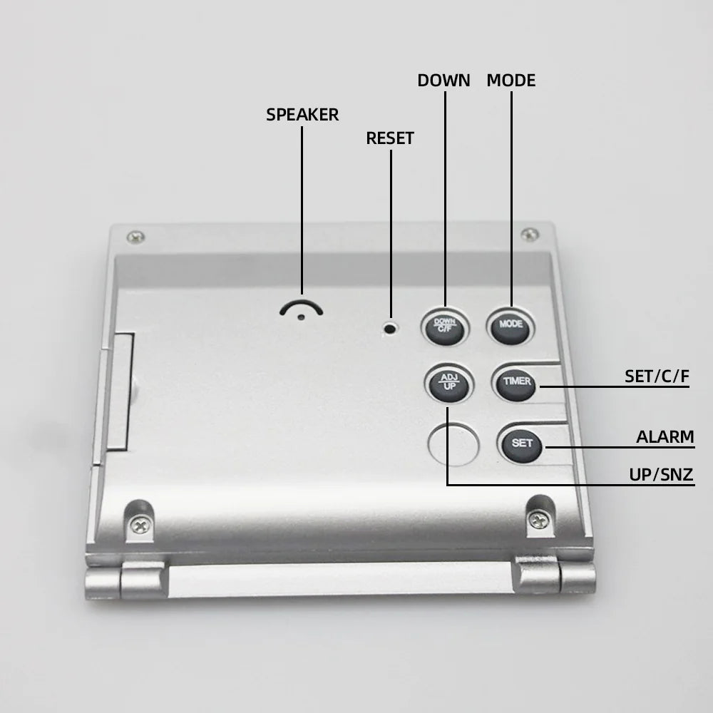 Reloj despertador digital de viaje, plegable, con pantalla LCD y temperatura 