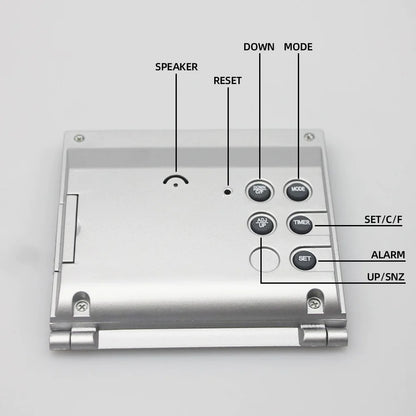 Reloj despertador digital de viaje, plegable, con pantalla LCD y temperatura 