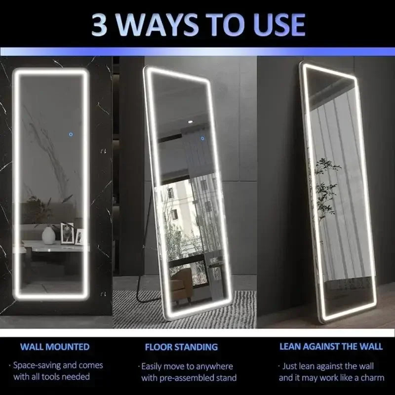 [Live5]64"x21"Full Length Mirror with LED Lights, 3 Color Lighting,  Lighted Floor Standing Mirror Wall Mounted Hanging Mirror