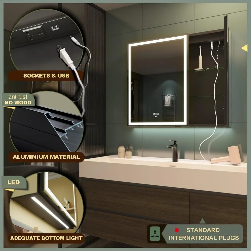 Mirror Cabinet with Sockets & USB, Anti-Fog Dimmable Light and Color Adjustment, LED Lighted Bathroom 30*28in Cabinet