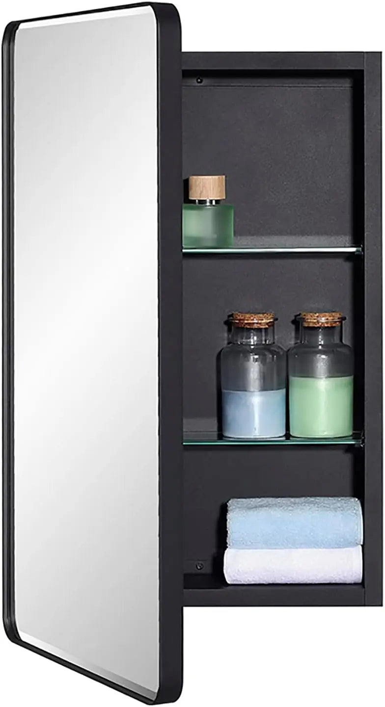 Black Bathroom Medicine Cabinet with Round Corner