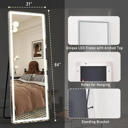 [Live5]64"x21"Full Length Mirror with LED Lights, 3 Color Lighting,  Lighted Floor Standing Mirror Wall Mounted Hanging Mirror