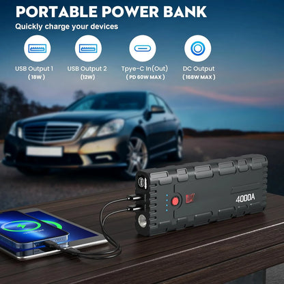 4000A Peak Car Battery Jump Starter PD60W Quick Charge