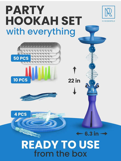 Blue 4 Hose Hookah Set with Everything Portable Good for Travel Silicone Bowl