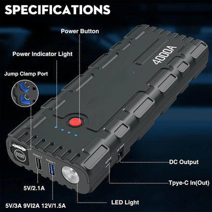 4000A Peak Car Battery Jump Starter PD60W Quick Charge