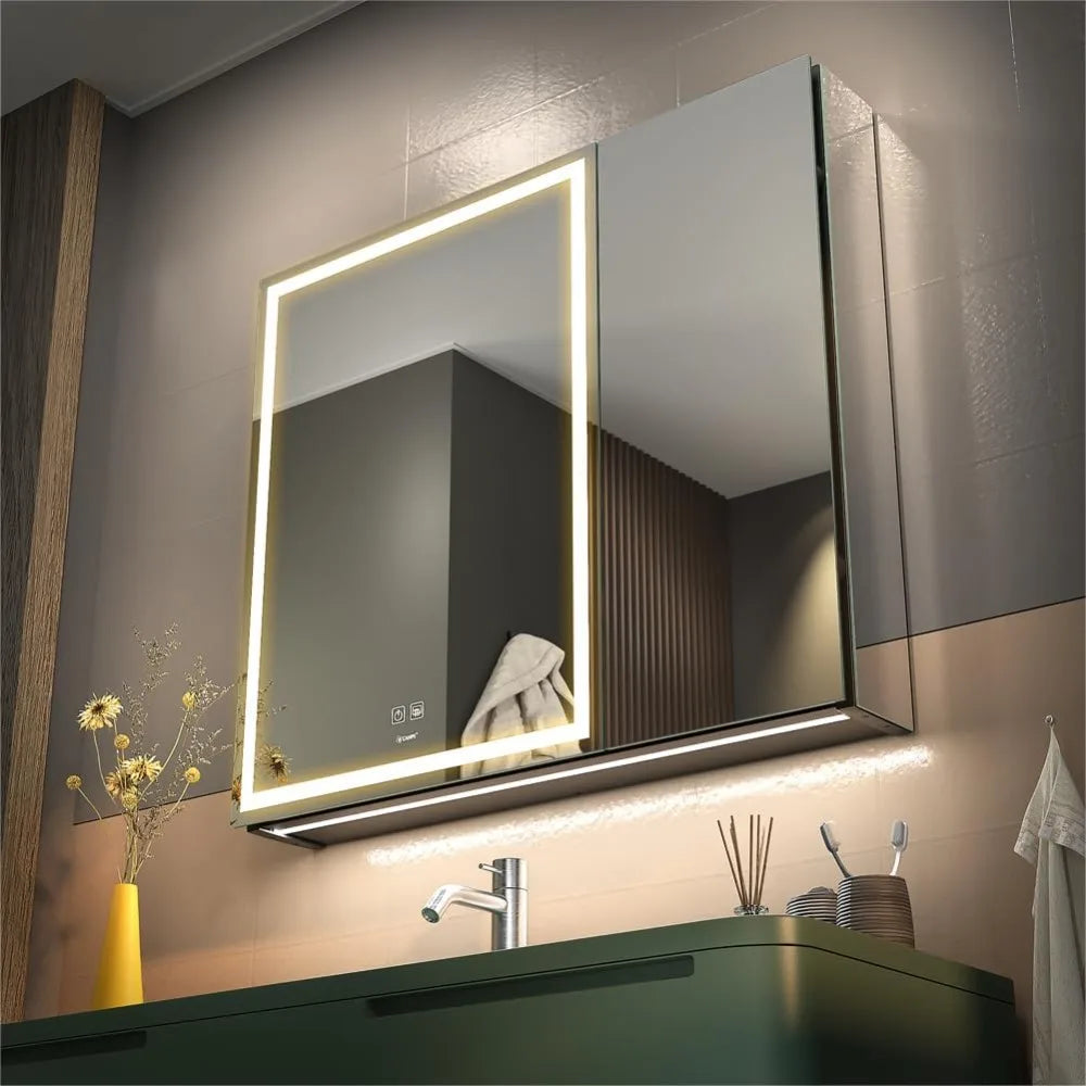 Mirror Cabinet with Sockets & USB, Anti-Fog Dimmable Light and Color Adjustment, LED Lighted Bathroom 30*28in Cabinet