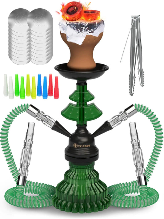 Green Hookah Set 2 Hose Hookah LilOne 12 inch Mini Glass Hookah Combo Kit Set