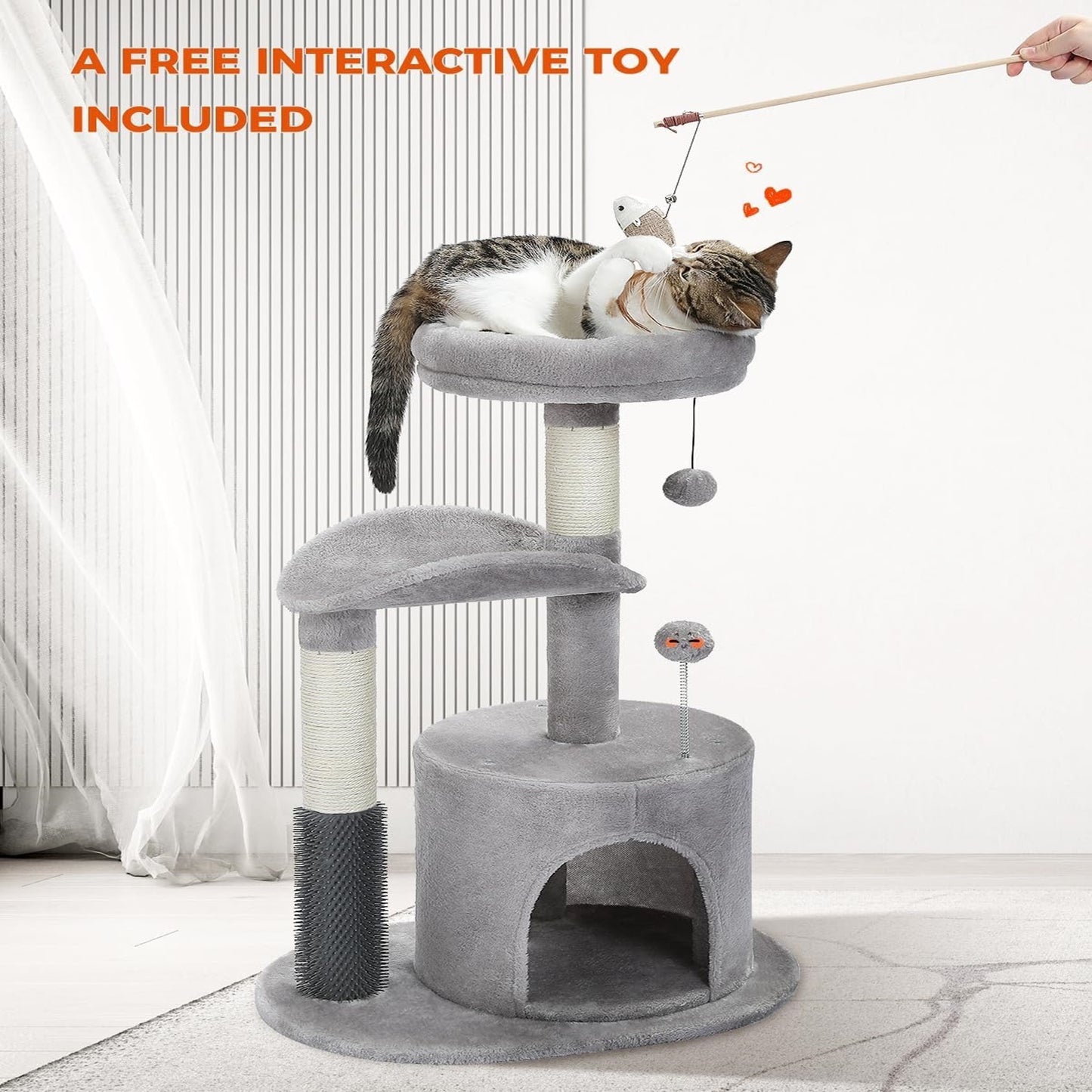 Small Cat Tree For Indoor Cats, Medium Cat Tower With Interactive Cat Toy