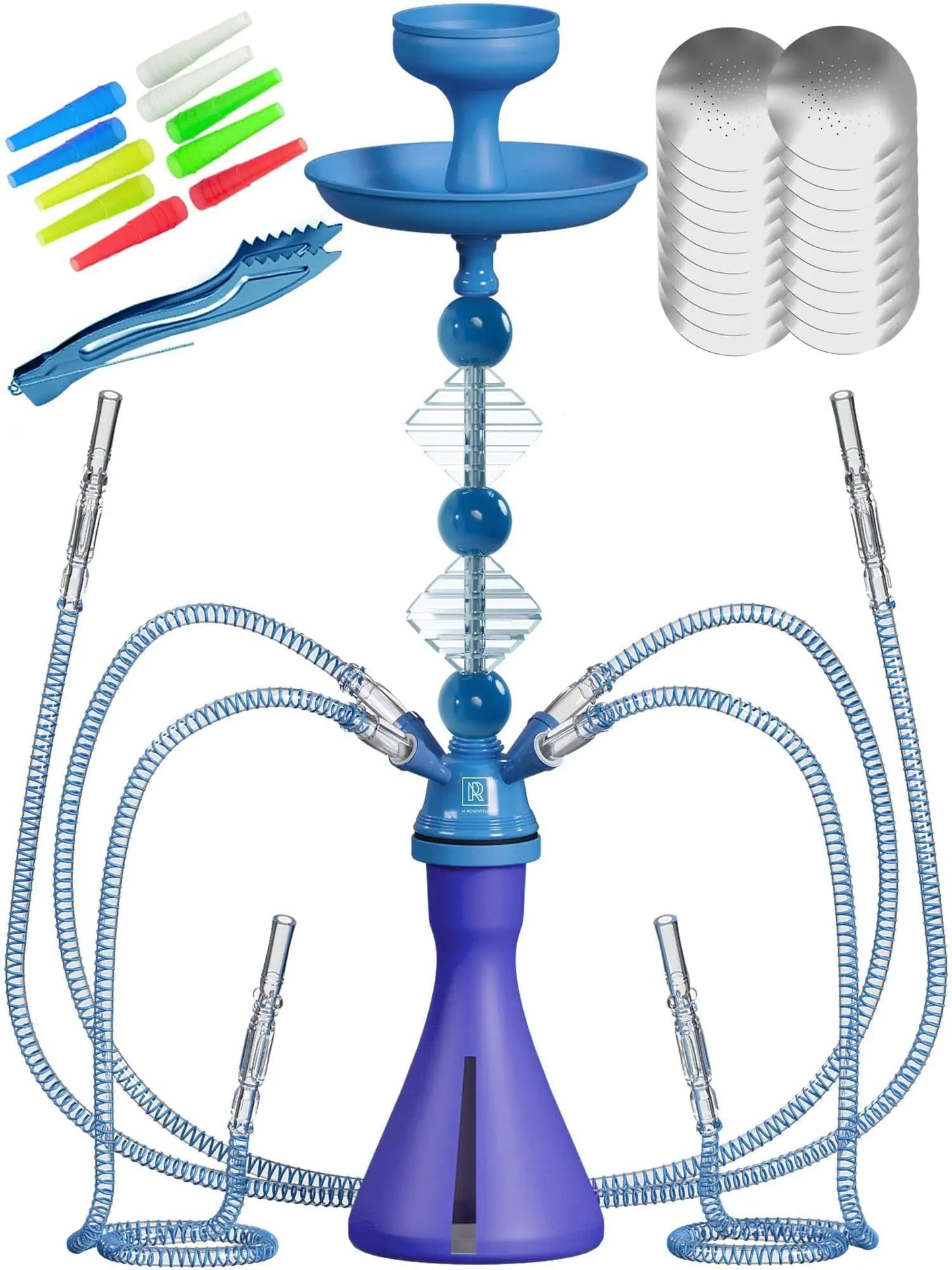 Blue 4 Hose Hookah Set with Everything Portable Good for Travel Silicone Bowl