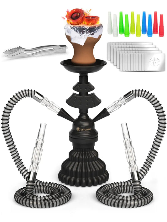 Hookah Set 2 Hose Black 12 inch Hookah 50 Foil Bowl 10 Tips 2 Mouthpieces Tongs