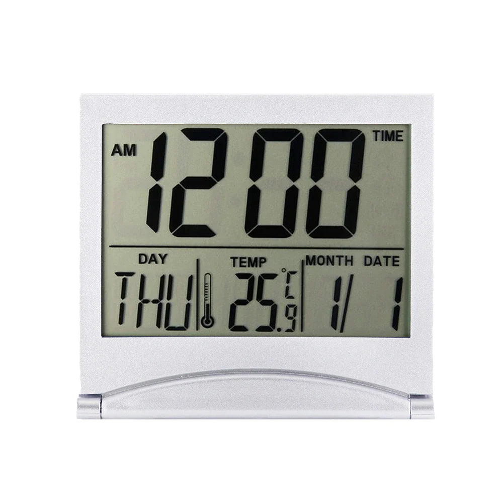 Reloj despertador digital de viaje, plegable, con pantalla LCD y temperatura 